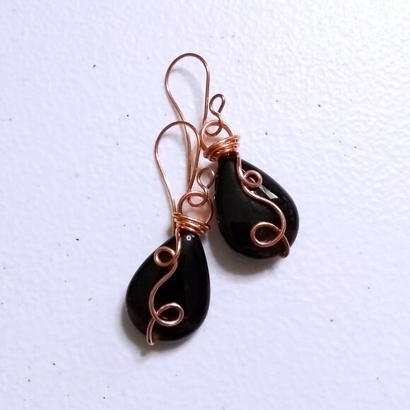 Huge Wire Wrapped Teardrop Earrings: Black Agate for Grounding Balance Strength - Picture 1 of 12
